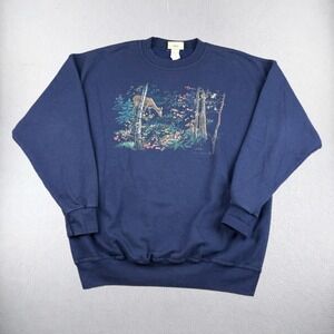 VTG Northern Reflections Sweatshirt Mens Large Blue Deer Nature Graphic L